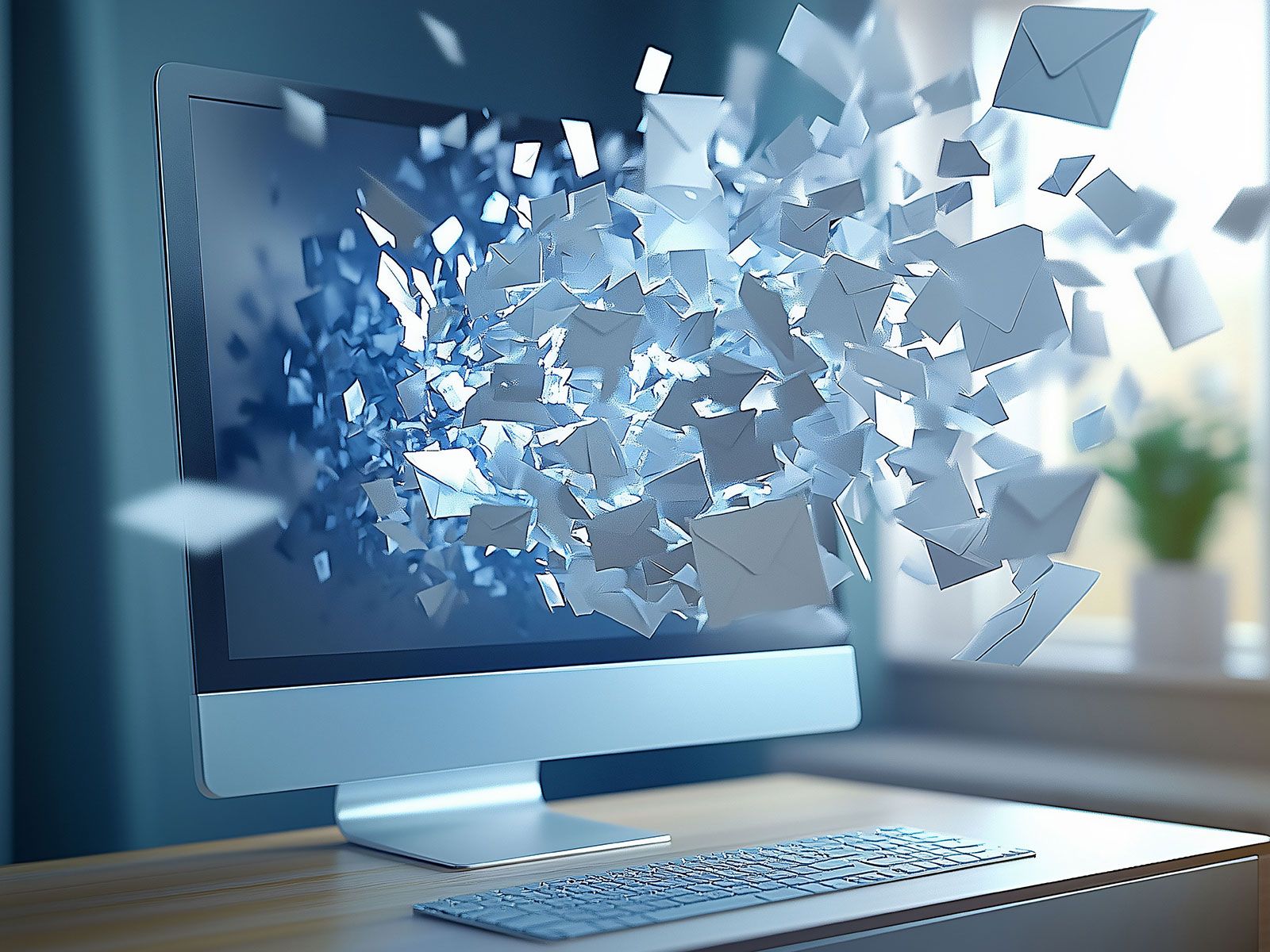 Kleine Briefumschläge fliegen optisch in einen Bildschirm