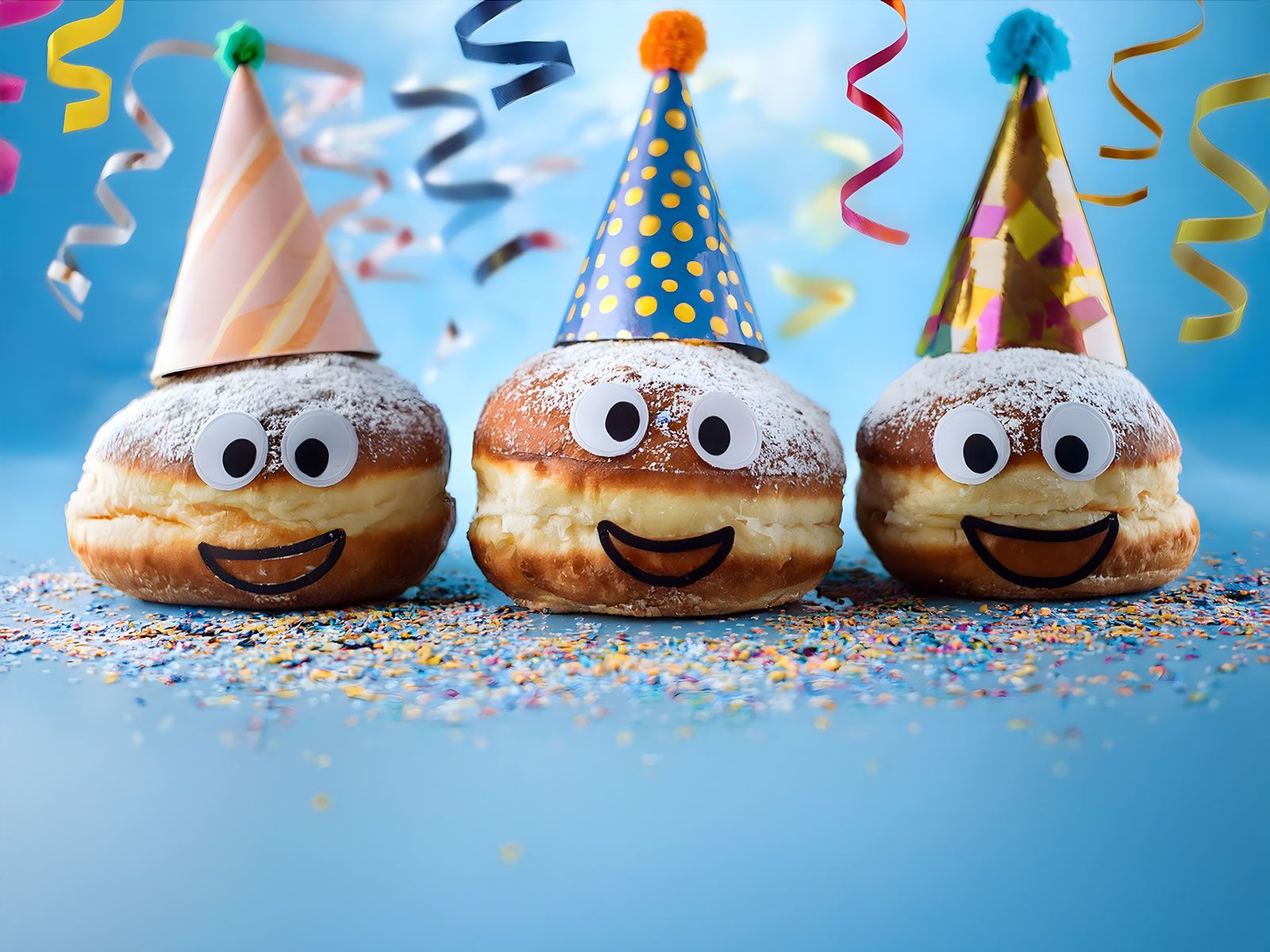 Drei Krapfen mit Partyhütchen und Augen.