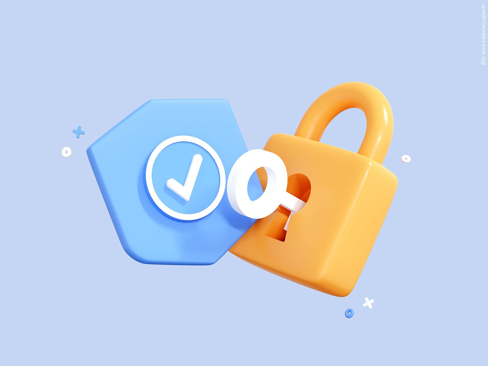 Illustration of a padlock with a key inserted into it and a shield with a checkmark.