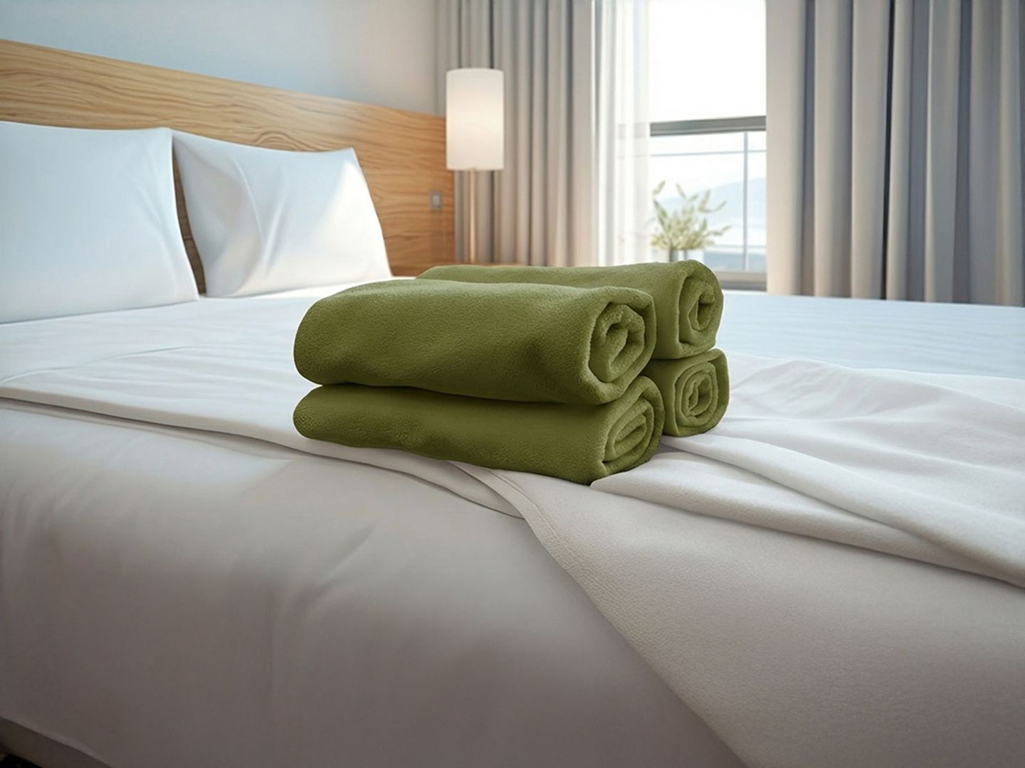Towels are laid out on a hotel bed.