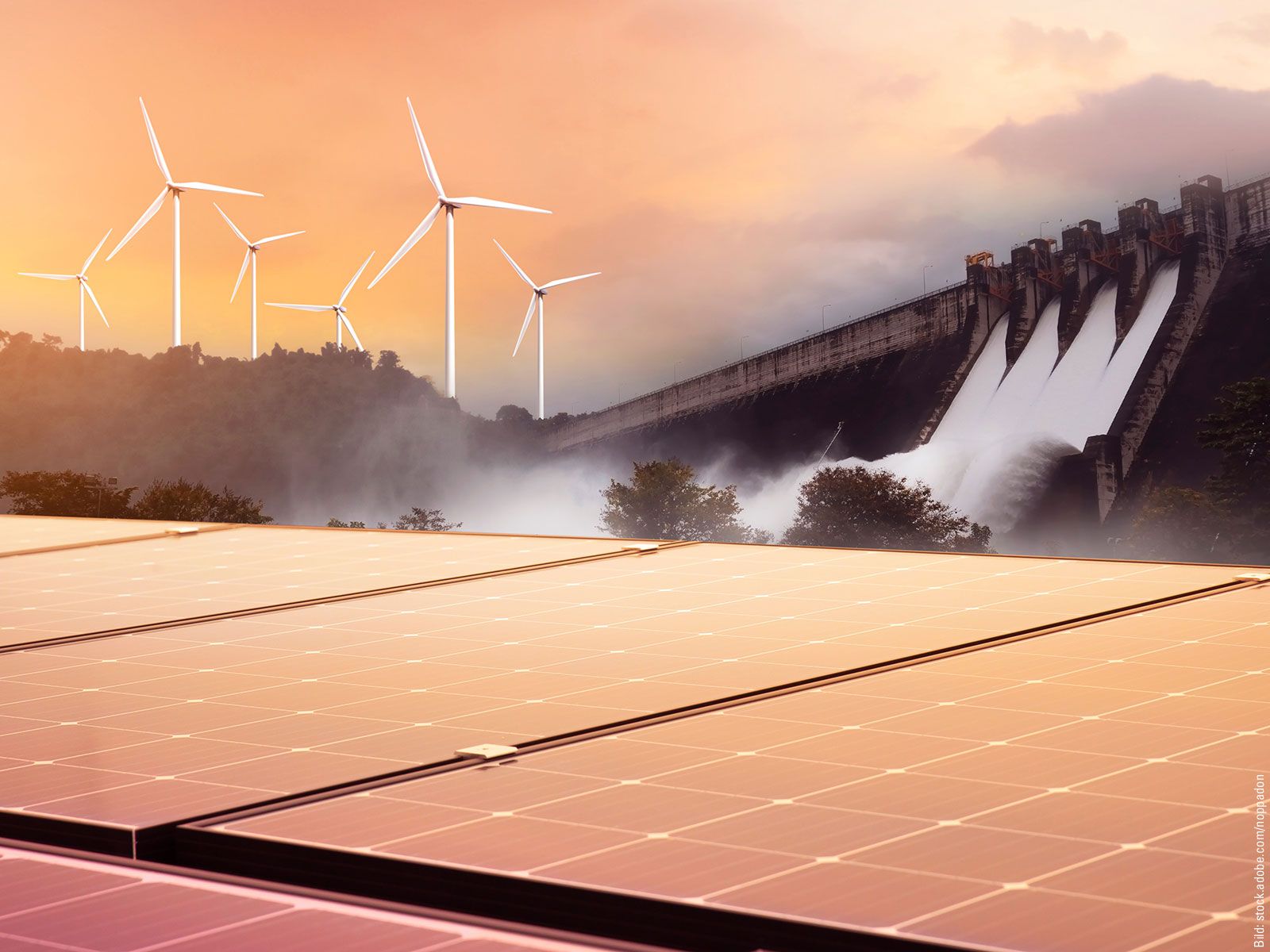 A collage of various renewable energy sources: In the foreground, there are solar panels from a photovoltaic system; behind them, a large hydroelectric dam with water flowing out; and several wind turbines on a wooded hill against an evening sky.