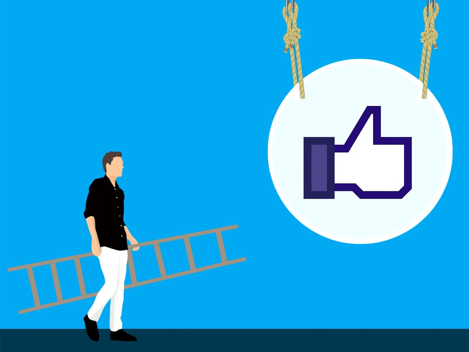 An illustration of a man holding a ladder, next to the Facebook Like symbol.